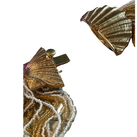 Clam Shell Vintage Multi Strand Seed Bead Necklace Gold & White - Picture 5 of 8